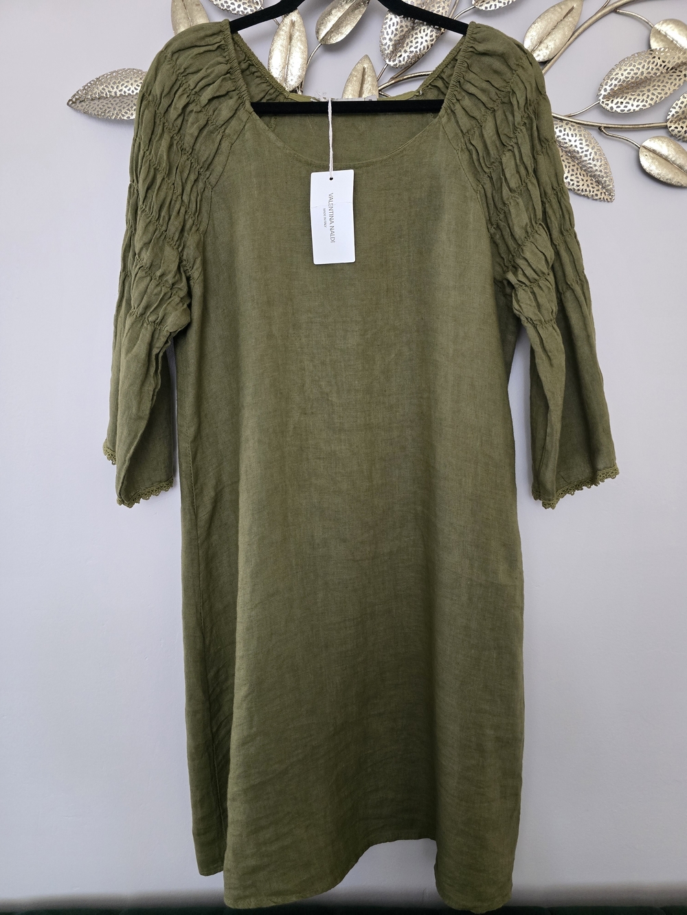 Smocked Sleeve Olive Linen Midi Dress ITALY Sz M